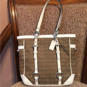 Coach signature jacquard bag with white leather.